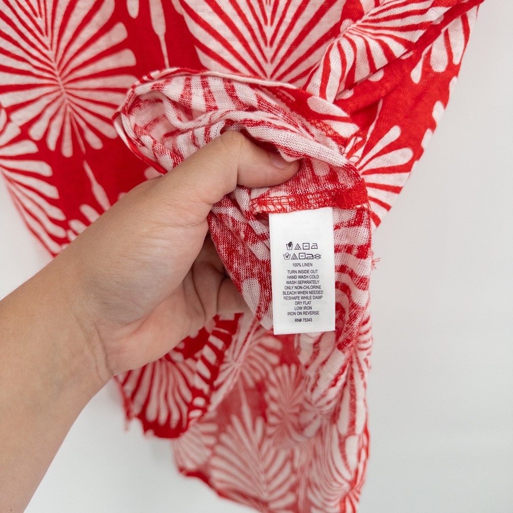 Joie Linen Top Womens Large Red White Palm Leaf Print Short Sleeve Scoop Neck‎ - Picture 5 of 8